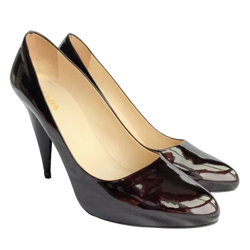 PRADA Dark Burgundy Patent Leather Triangle Heel Pumps, Size 40.5