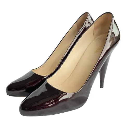 PRADA Dark Burgundy Patent Leather Triangle Heel Pumps, Size 40.5