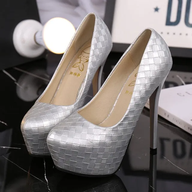 pumps women shoes black Woven lattice platform high heels shoes woman high heel pu leather shoes women