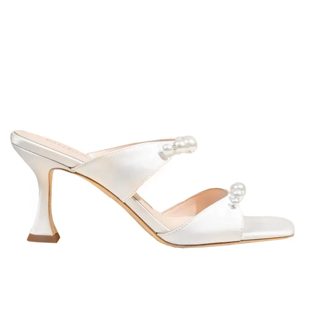 Raina White Satin | Pearl Mules