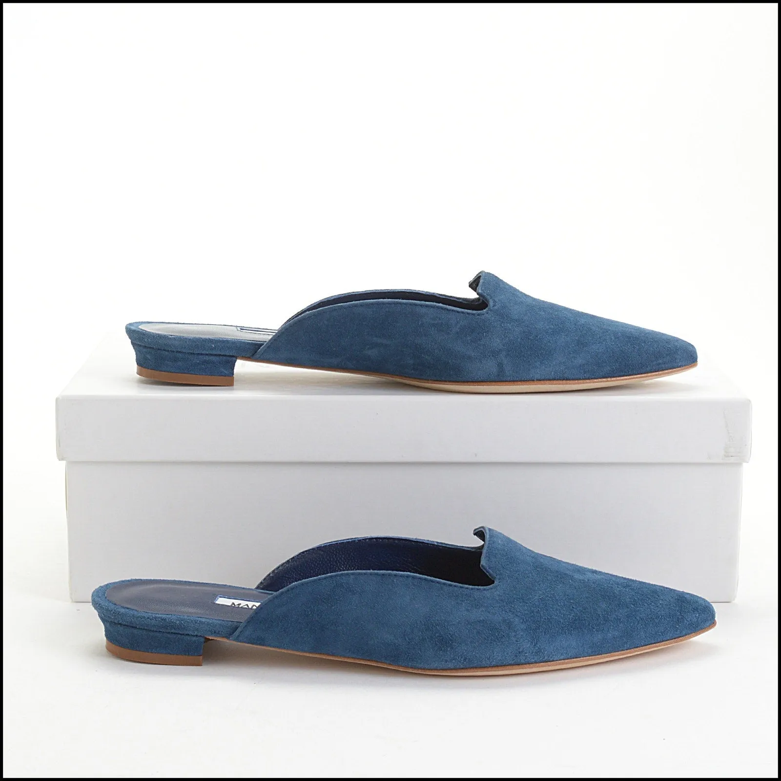 RDC14163 Authentic MANOLO BLAHNIK Blue Suede Flat Mules Size 5