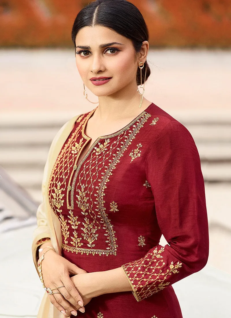 Red And Cream Embroidered Pakistani Pant Suit