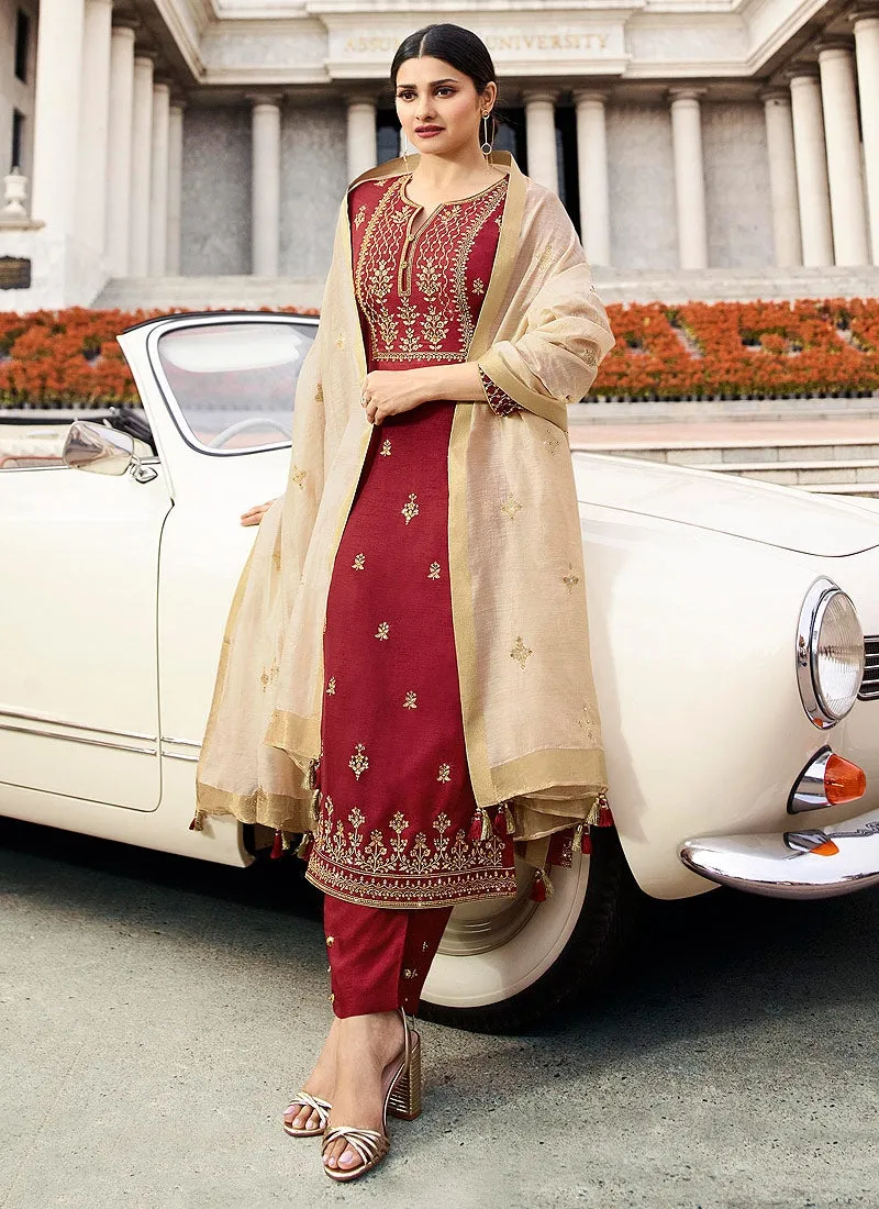 Red And Cream Embroidered Pakistani Pant Suit