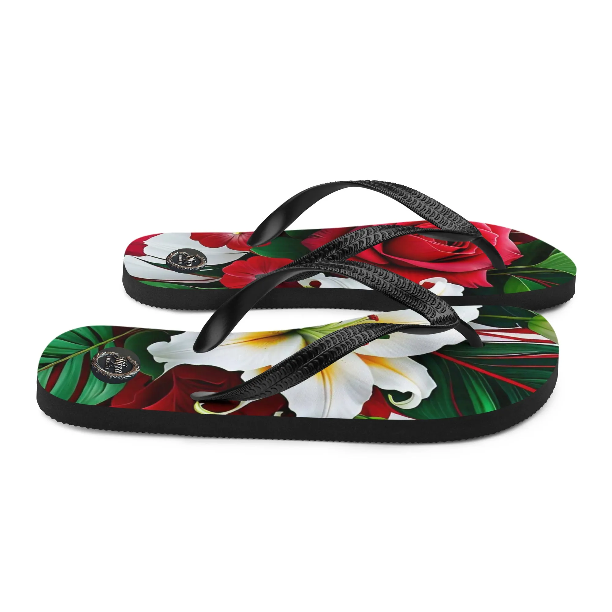 Red rose and green floral design Women's flip-flops