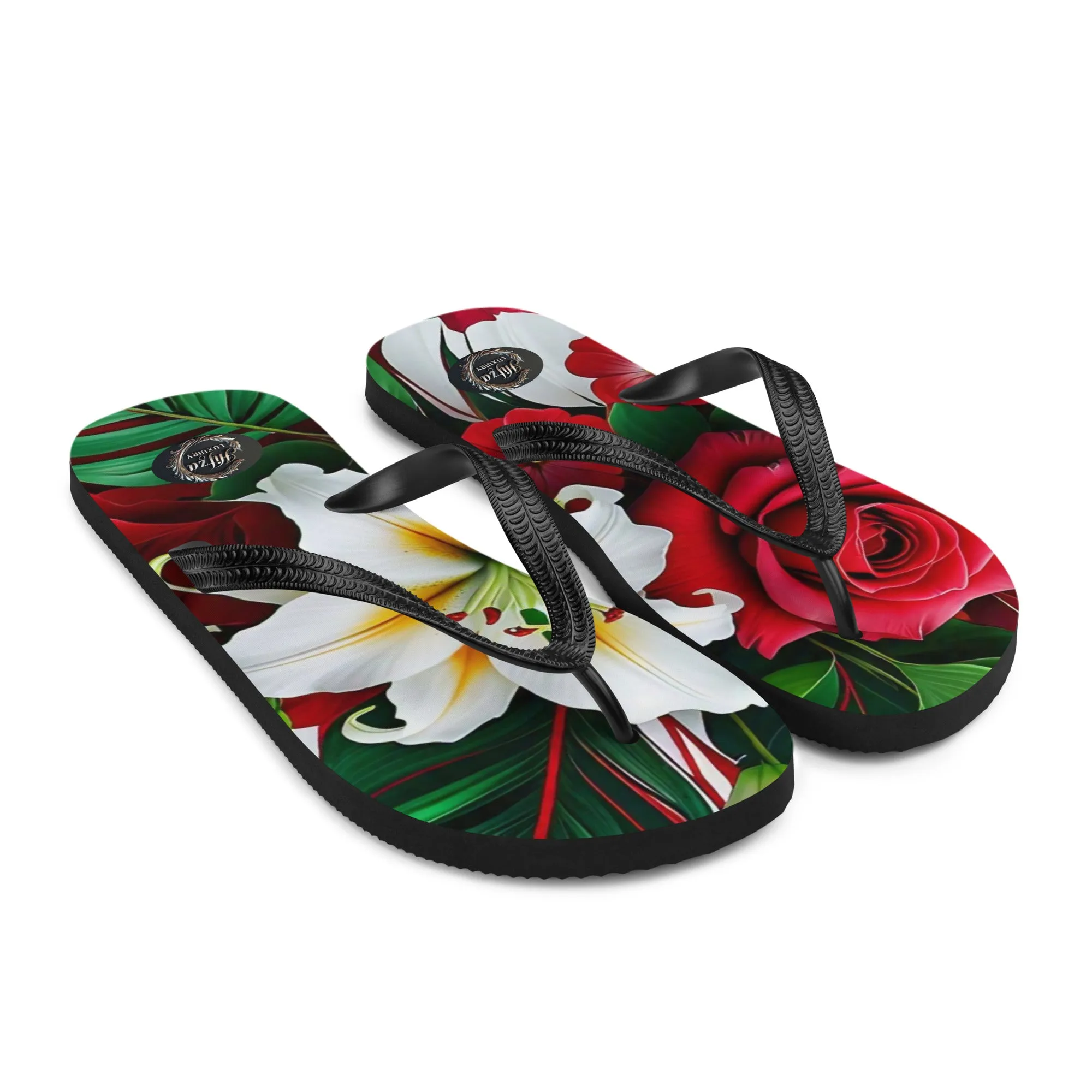 Red rose and green floral design Women's flip-flops
