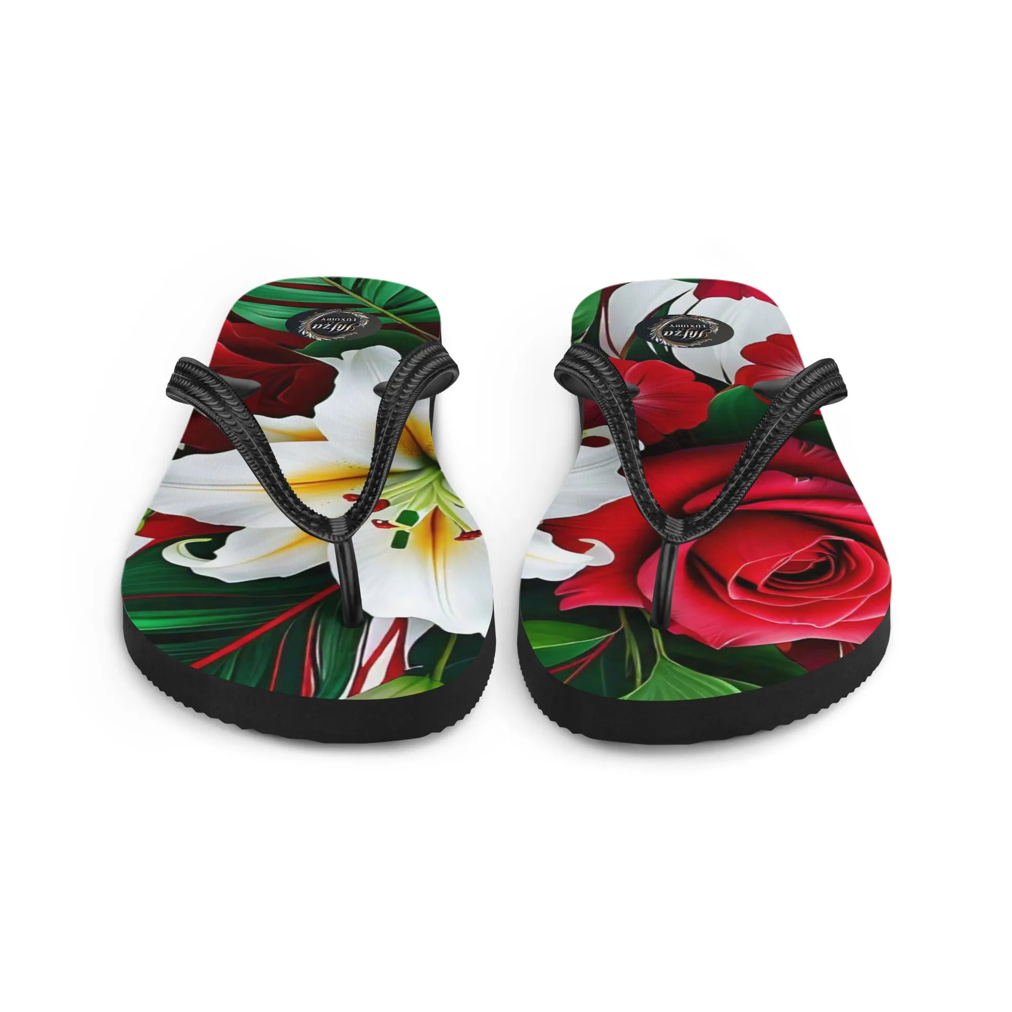 Red rose and green floral design Women's flip-flops