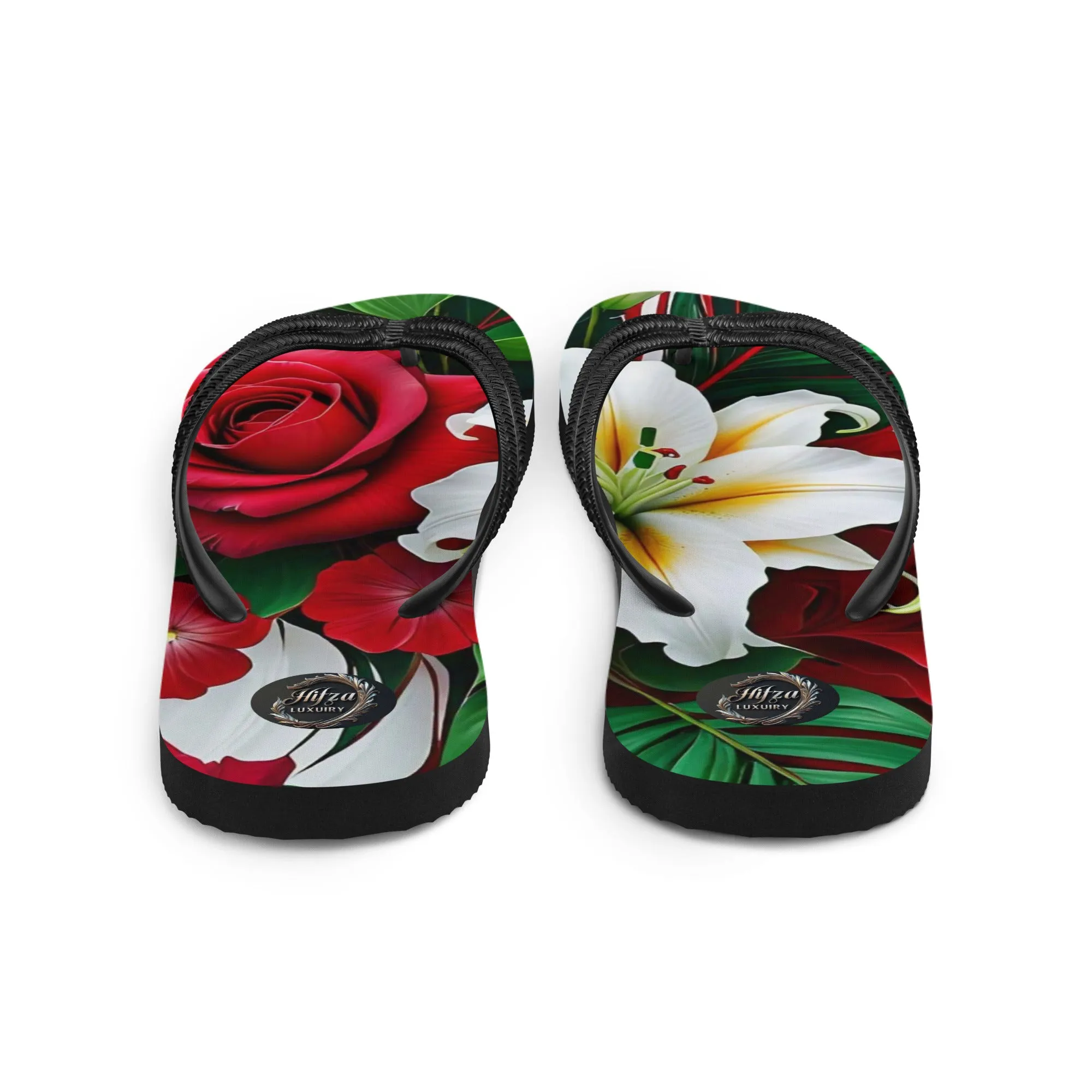 Red rose and green floral design Women's flip-flops