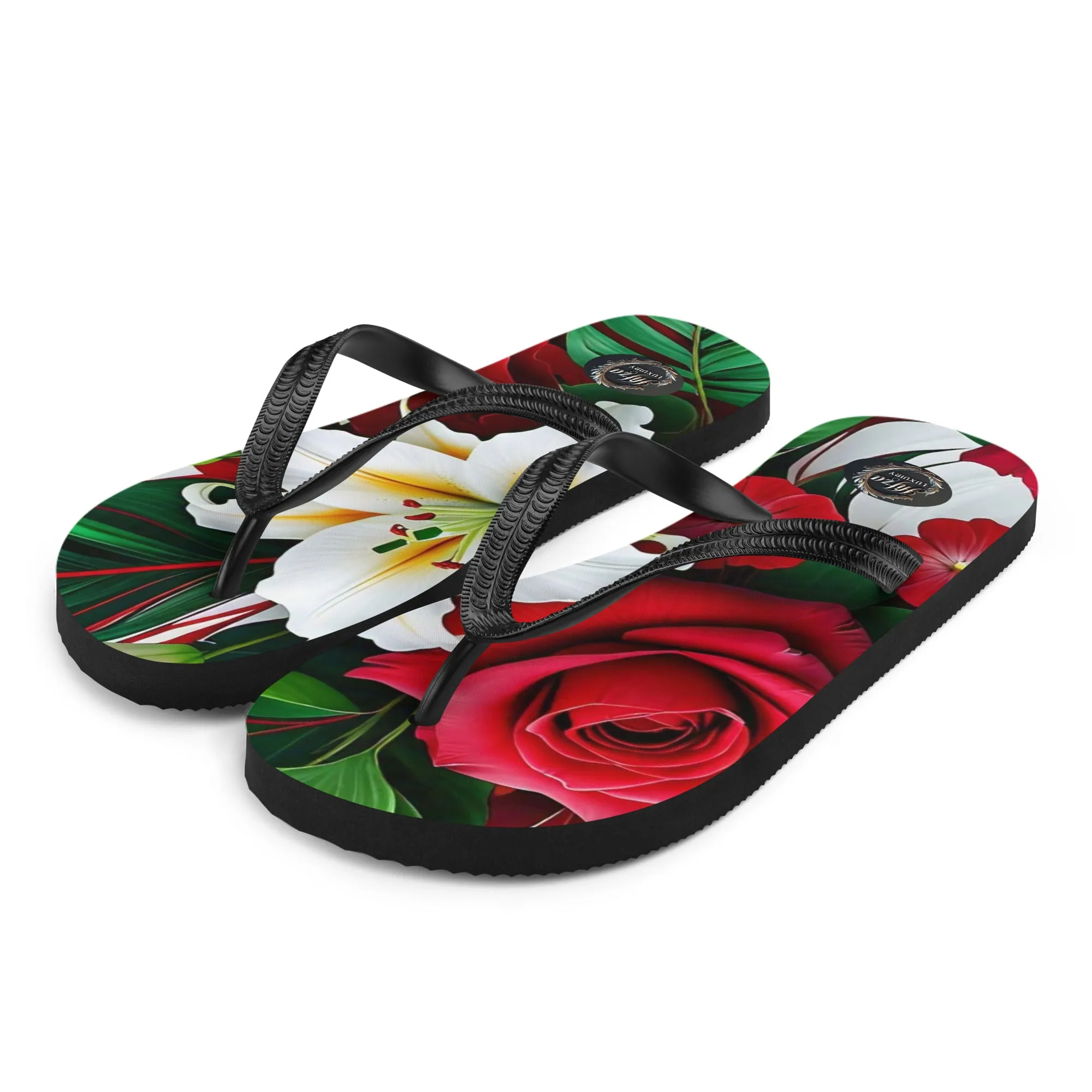 Red rose and green floral design Women's flip-flops