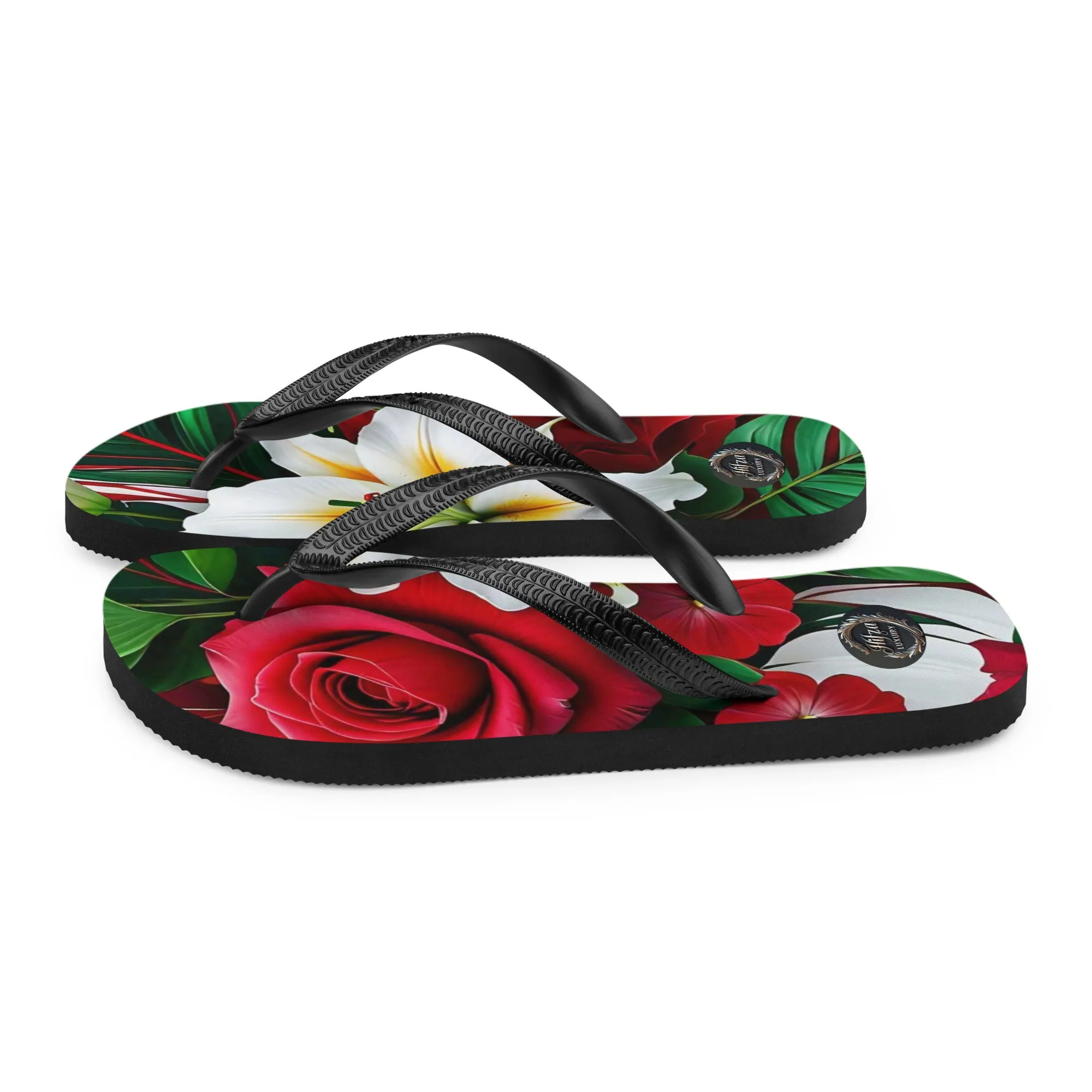 Red rose and green floral design Women's flip-flops