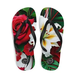 Red rose and green floral design Women's flip-flops