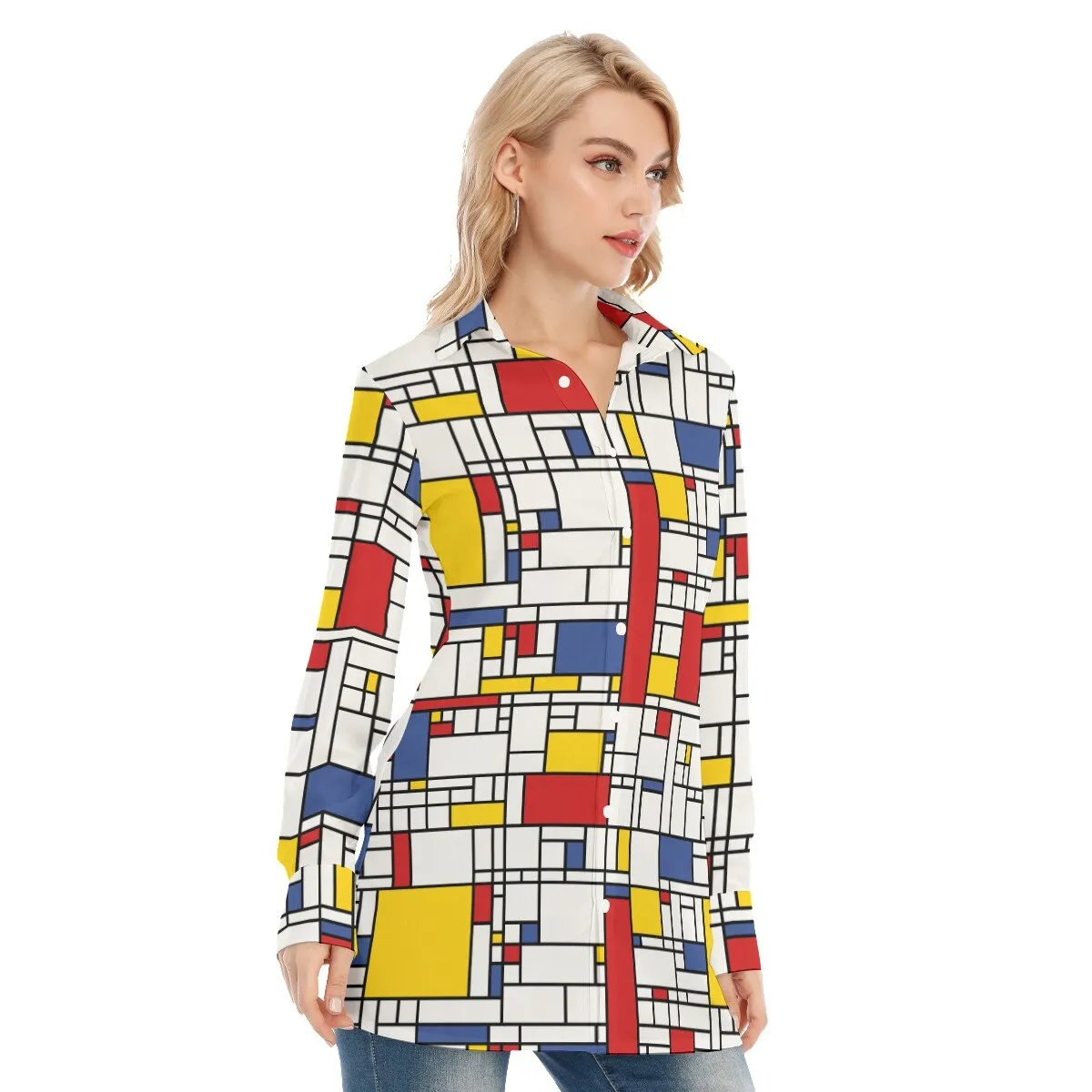 Retro Shirt, Mondrian Shirt, Mod Shirt, Women's Tops, Mod 60s style Shirt, Long Sleeve Shirt Women, Red Blue Yellow Shirt, Mosaic Shirt