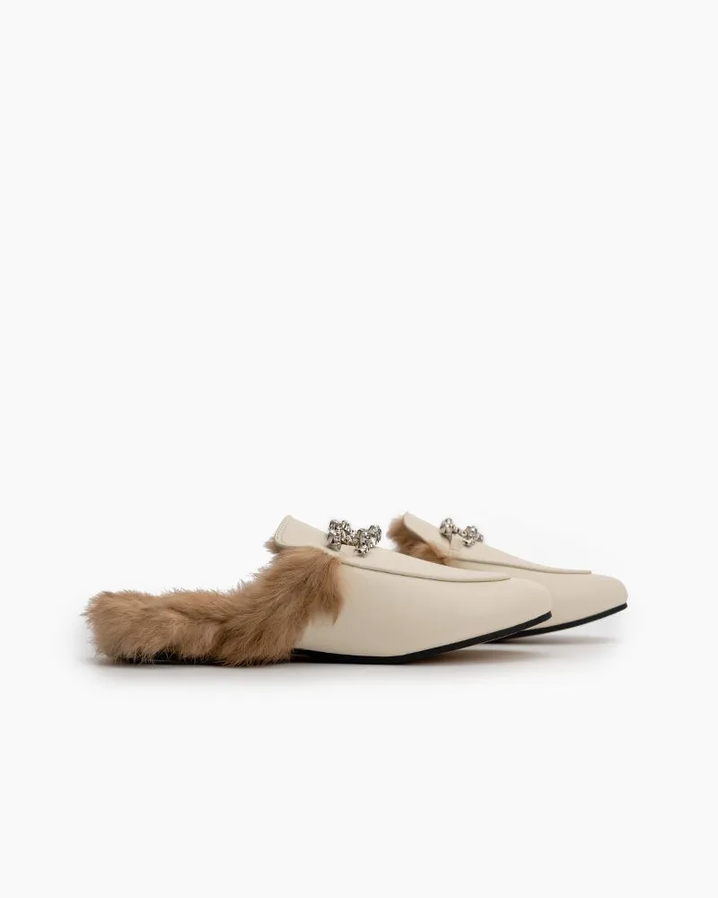 Rhinestone Metal Chain Decor Flat Leather Slip On Backless Mules