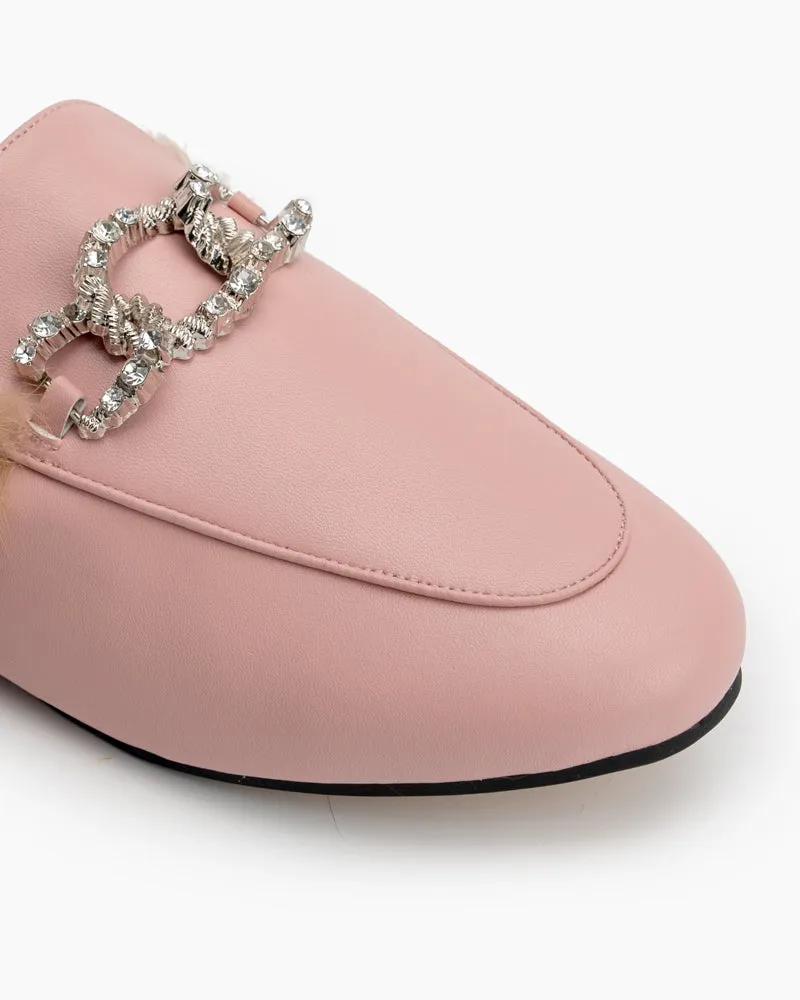 Rhinestone Metal Chain Decor Flat Leather Slip On Backless Mules