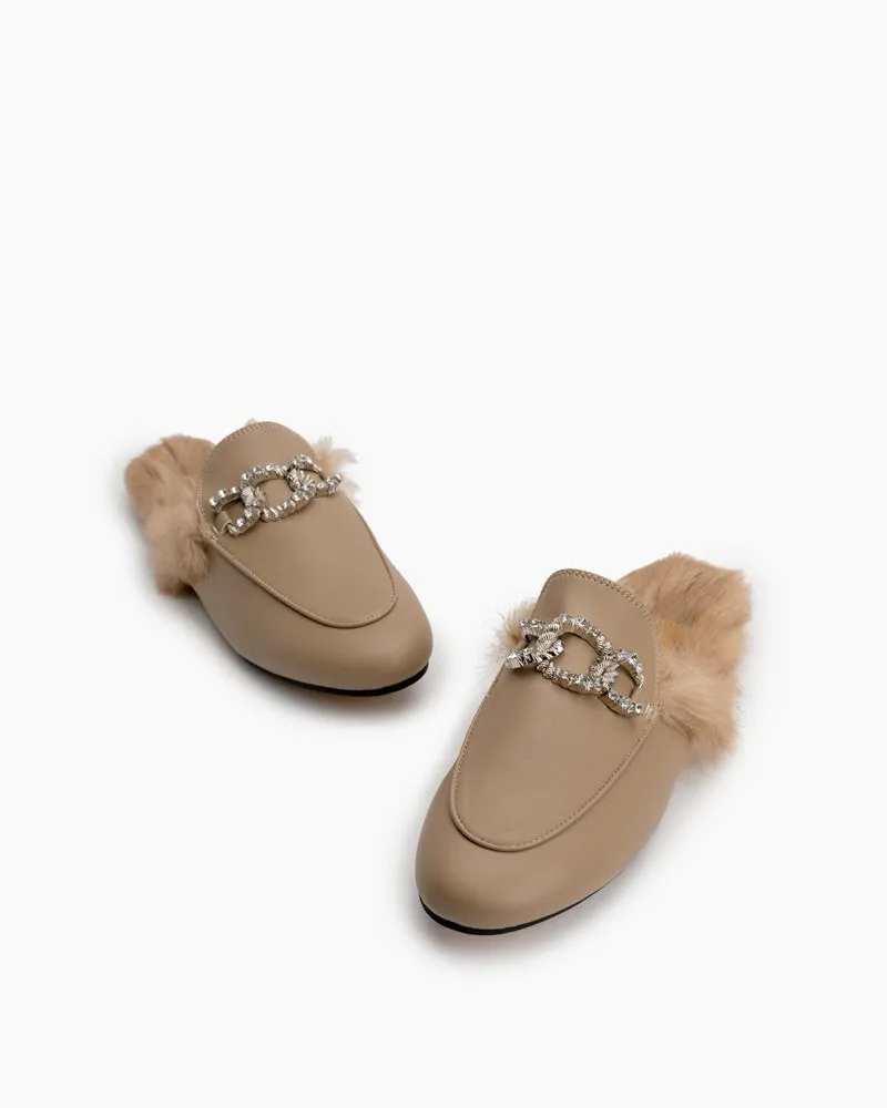 Rhinestone Metal Chain Decor Flat Leather Slip On Backless Mules