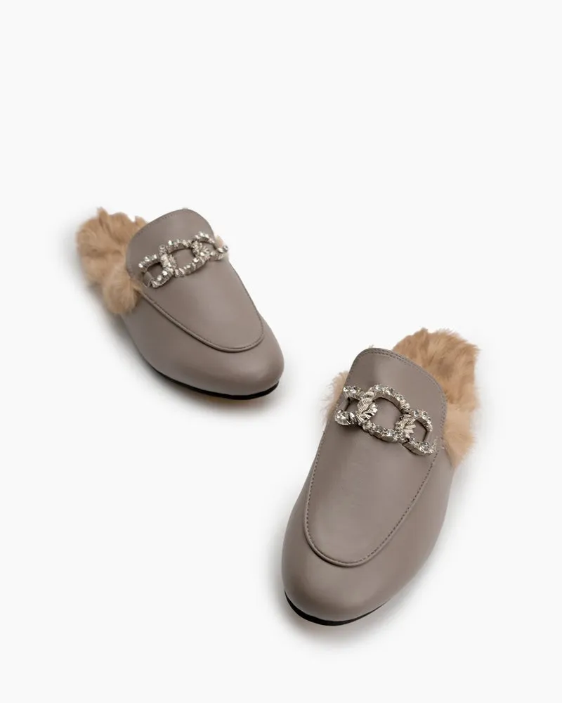 Rhinestone Metal Chain Decor Flat Leather Slip On Backless Mules