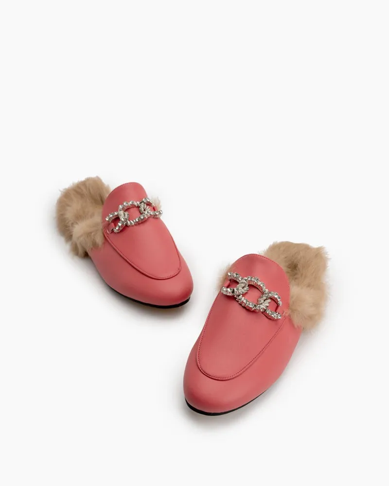 Rhinestone Metal Chain Decor Flat Leather Slip On Backless Mules