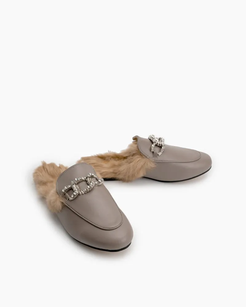 Rhinestone Metal Chain Decor Flat Leather Slip On Backless Mules