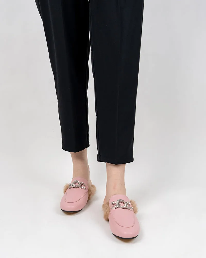 Rhinestone Metal Chain Decor Flat Leather Slip On Backless Mules
