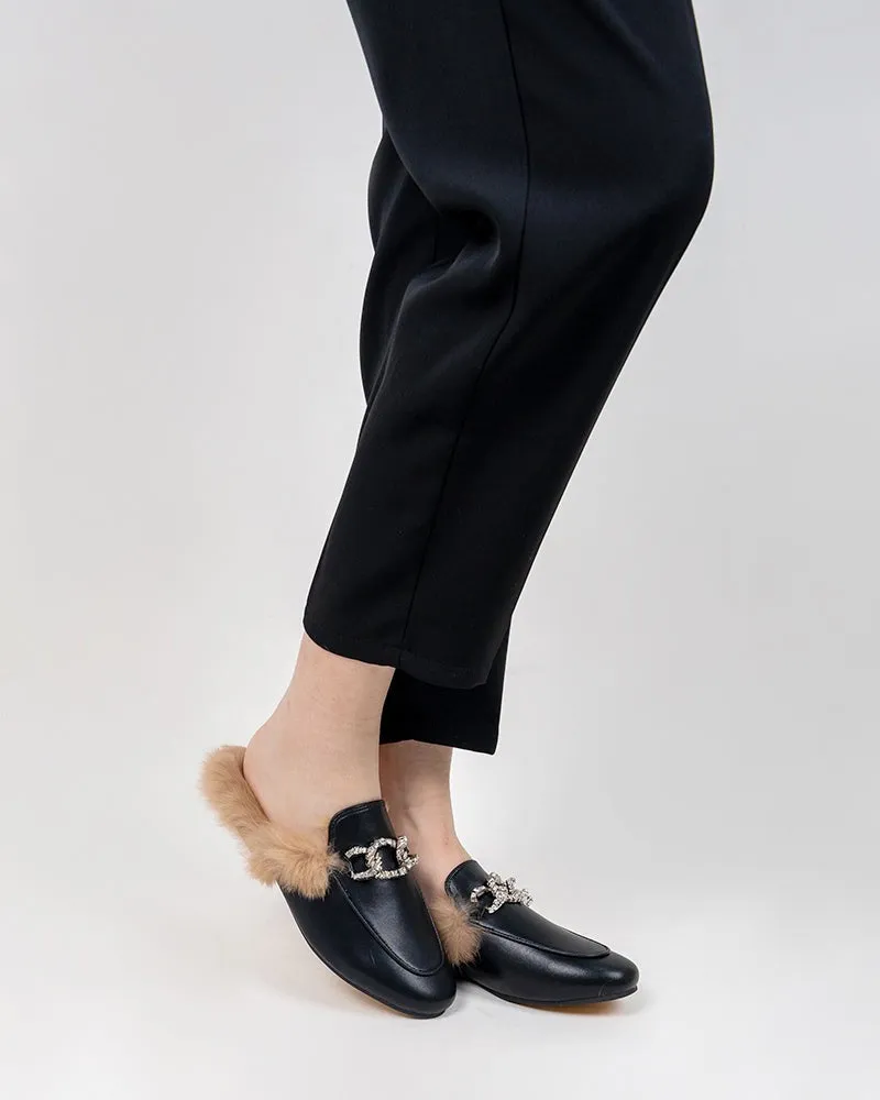 Rhinestone Metal Chain Decor Flat Leather Slip On Backless Mules