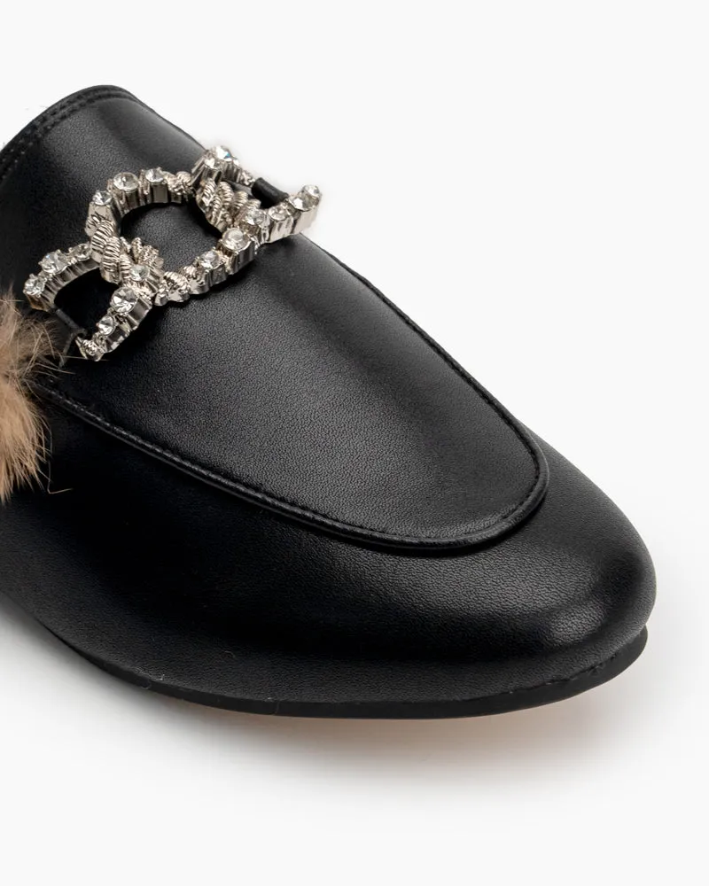 Rhinestone Metal Chain Decor Flat Leather Slip On Backless Mules
