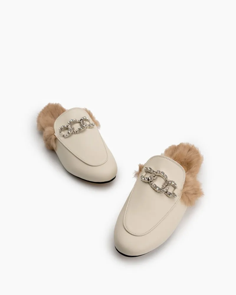 Rhinestone Metal Chain Decor Flat Leather Slip On Backless Mules