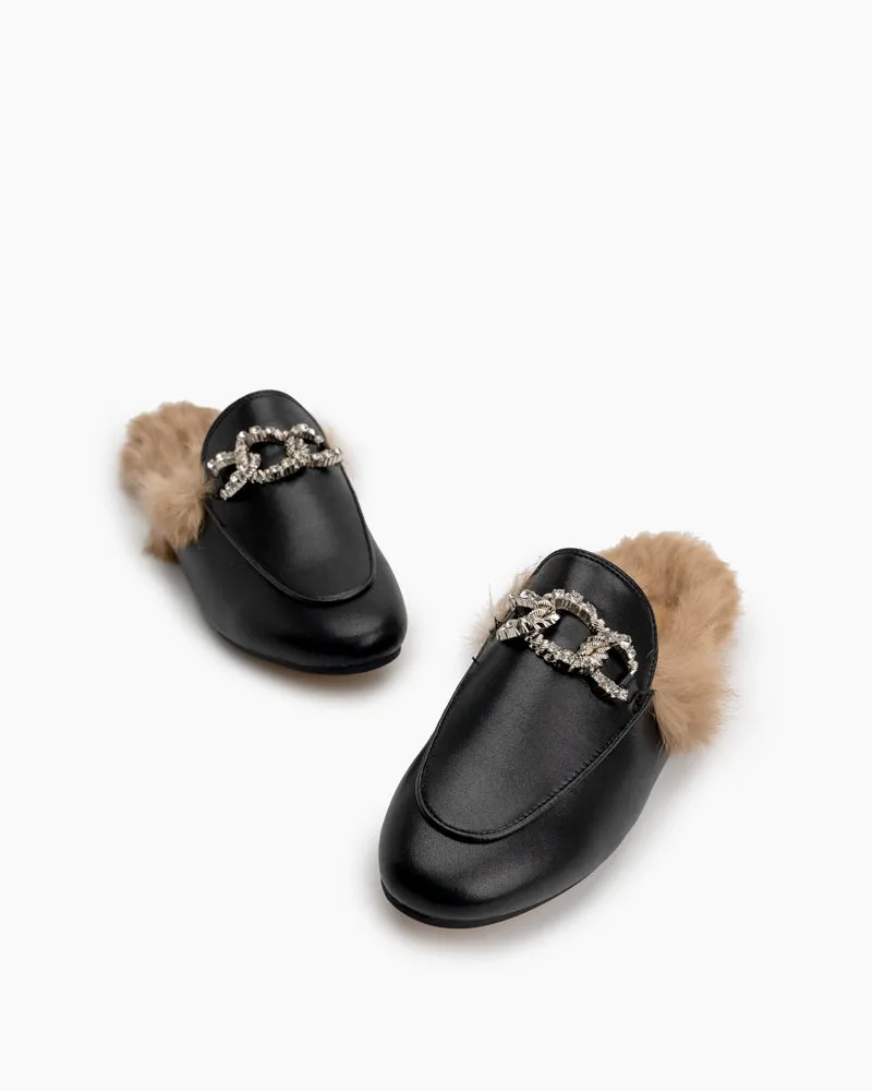 Rhinestone Metal Chain Decor Flat Leather Slip On Backless Mules
