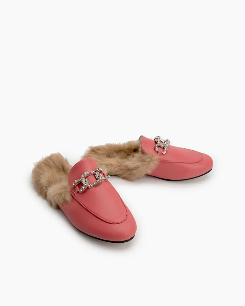 Rhinestone Metal Chain Decor Flat Leather Slip On Backless Mules