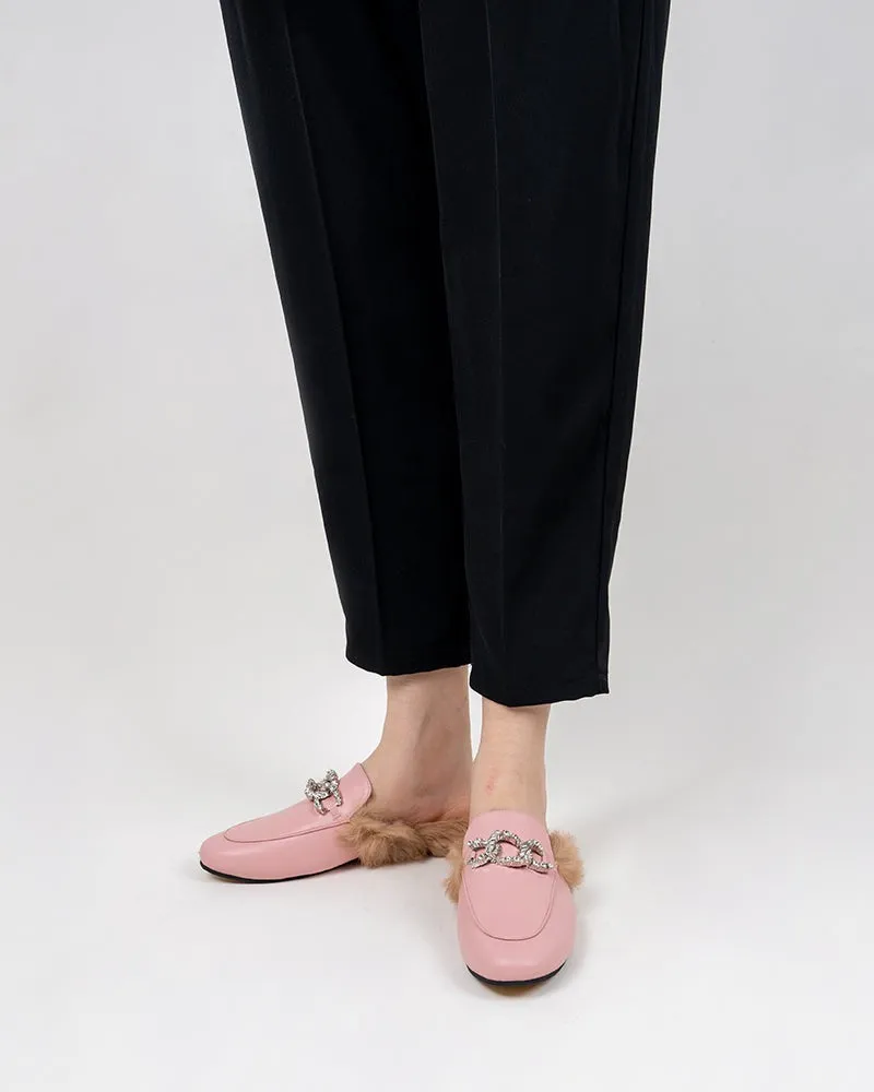 Rhinestone Metal Chain Decor Flat Leather Slip On Backless Mules