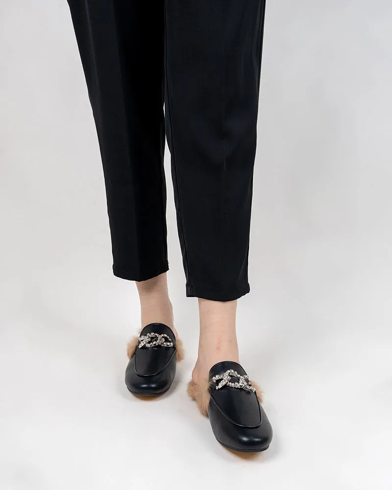 Rhinestone Metal Chain Decor Flat Leather Slip On Backless Mules