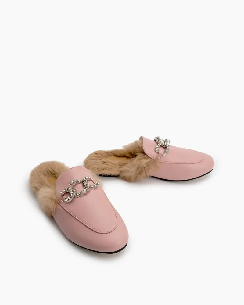 Rhinestone Metal Chain Decor Flat Leather Slip On Backless Mules