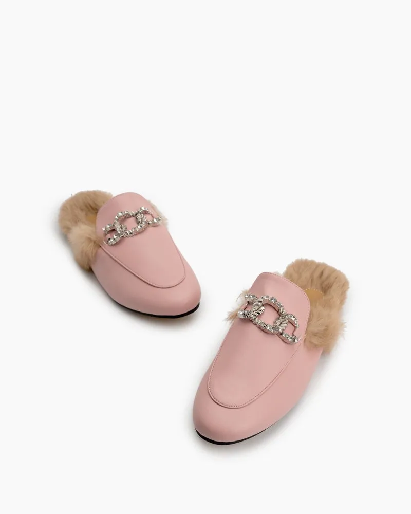 Rhinestone Metal Chain Decor Flat Leather Slip On Backless Mules
