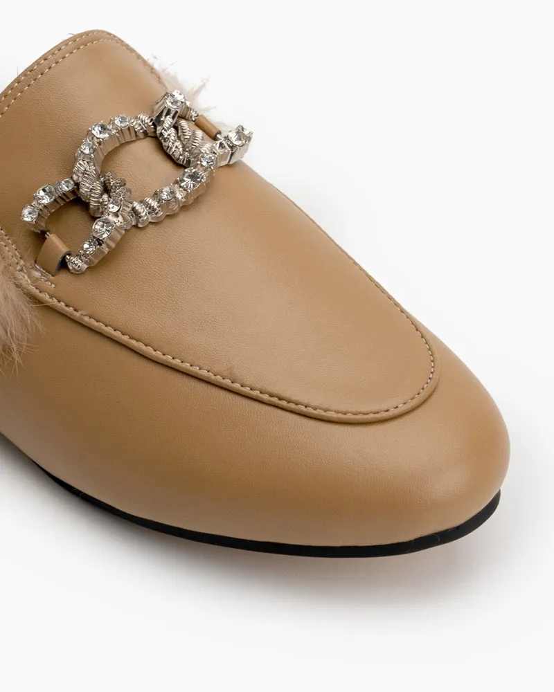 Rhinestone Metal Chain Decor Flat Leather Slip On Backless Mules