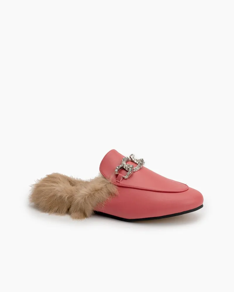 Rhinestone Metal Chain Decor Flat Leather Slip On Backless Mules