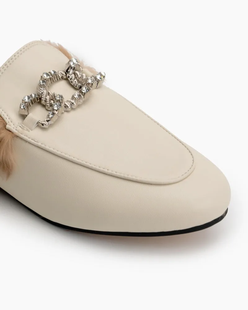 Rhinestone Metal Chain Decor Flat Leather Slip On Backless Mules