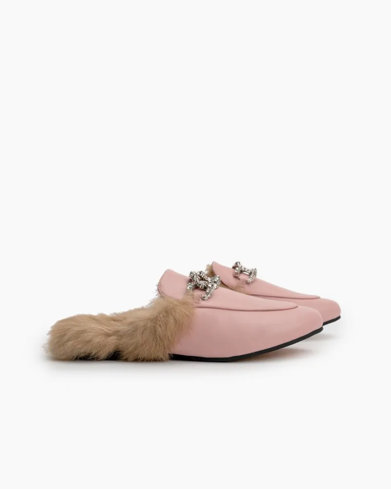 Rhinestone Metal Chain Decor Flat Leather Slip On Backless Mules