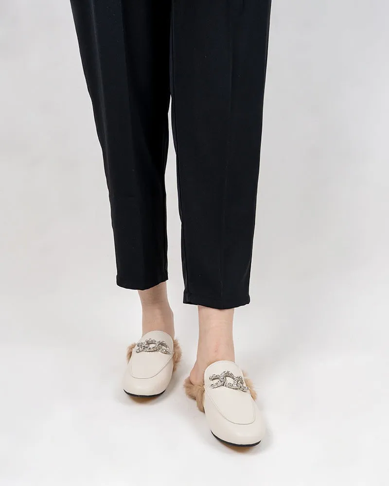 Rhinestone Metal Chain Decor Flat Leather Slip On Backless Mules