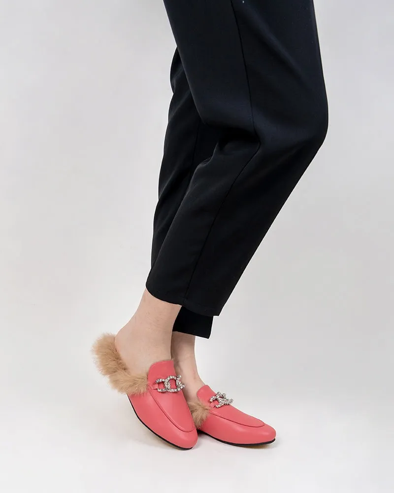 Rhinestone Metal Chain Decor Flat Leather Slip On Backless Mules