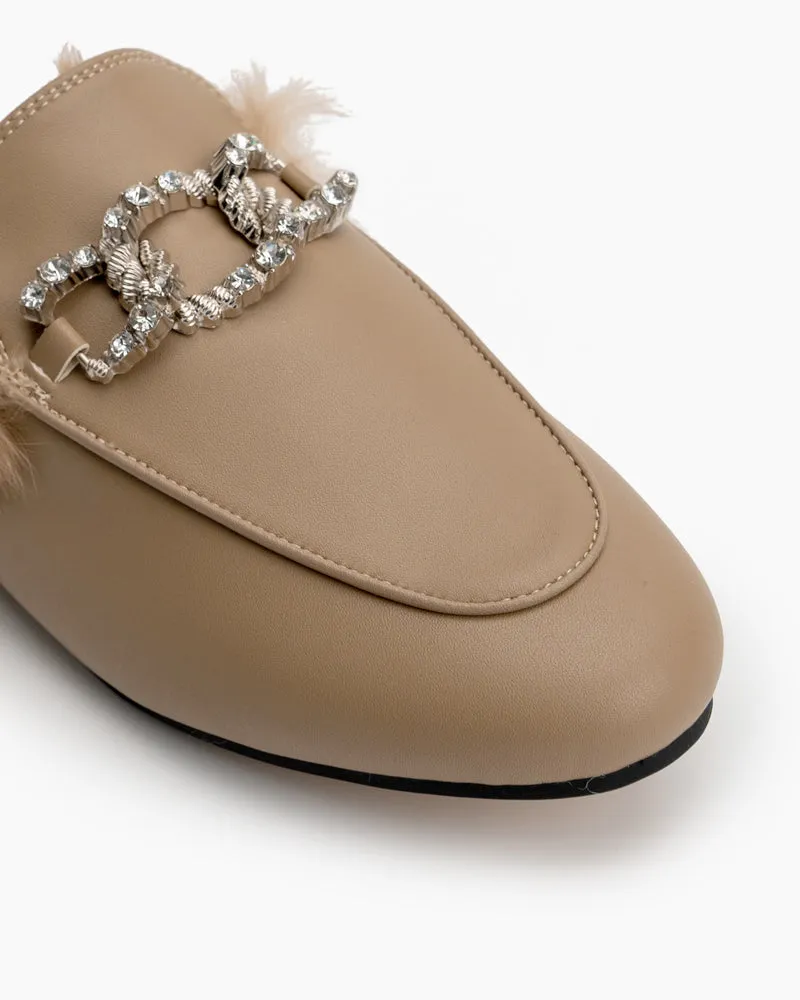 Rhinestone Metal Chain Decor Flat Leather Slip On Backless Mules