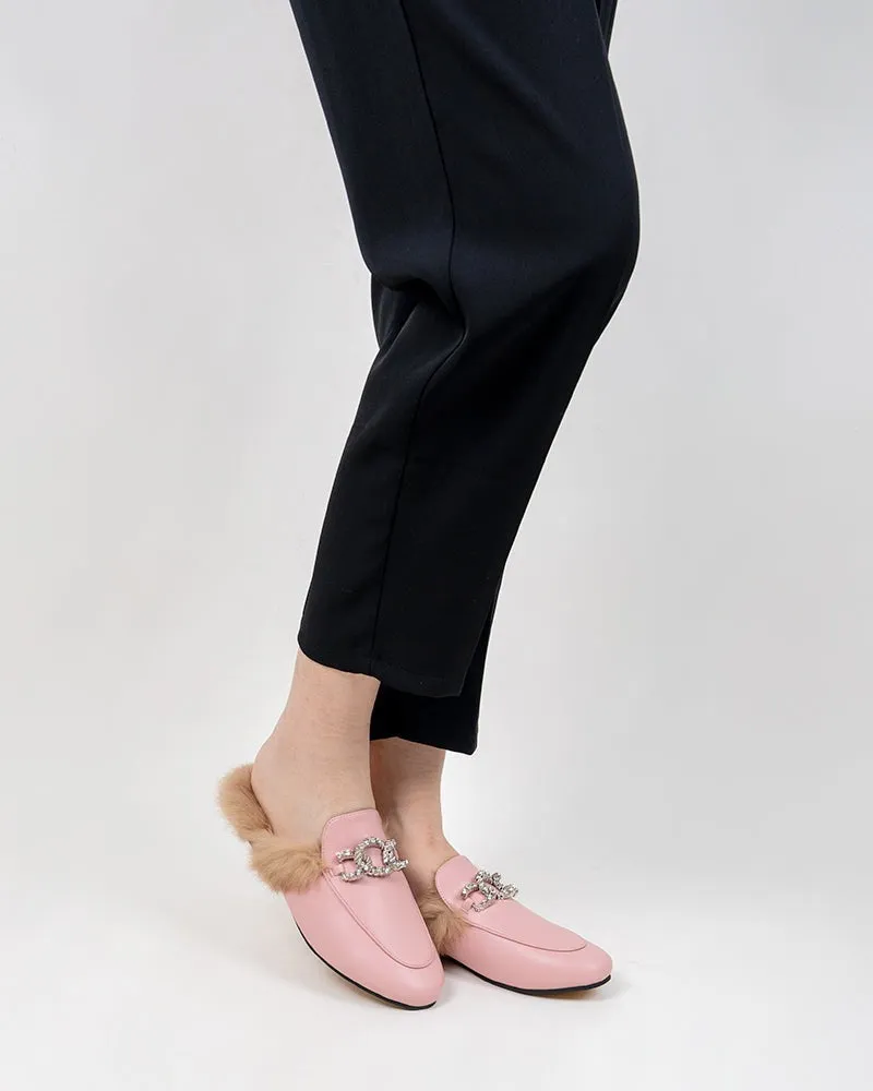 Rhinestone Metal Chain Decor Flat Leather Slip On Backless Mules