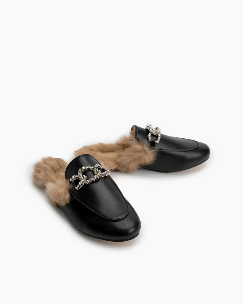 Rhinestone Metal Chain Decor Flat Leather Slip On Backless Mules