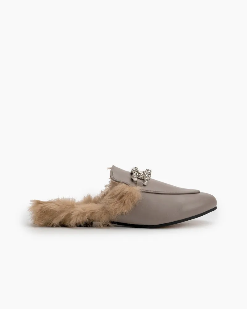 Rhinestone Metal Chain Decor Flat Leather Slip On Backless Mules