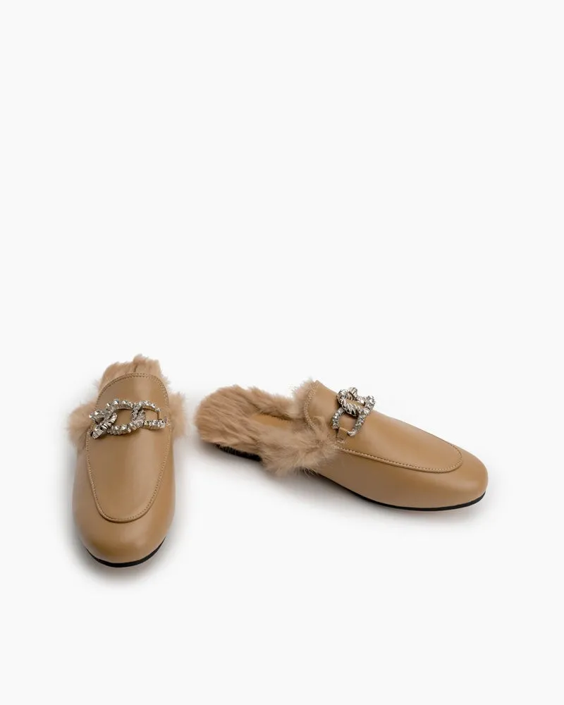 Rhinestone Metal Chain Decor Flat Leather Slip On Backless Mules