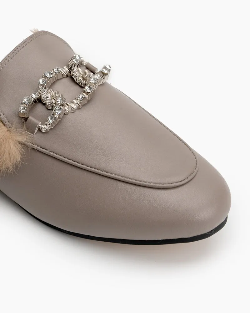 Rhinestone Metal Chain Decor Flat Leather Slip On Backless Mules