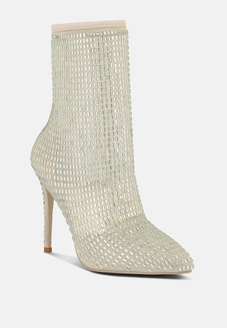 Rhinestones embellished mesh boots