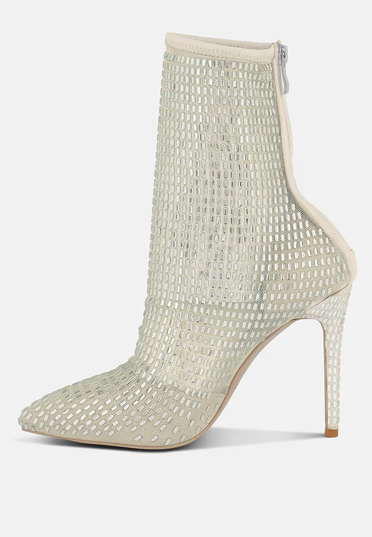 Rhinestones embellished mesh boots