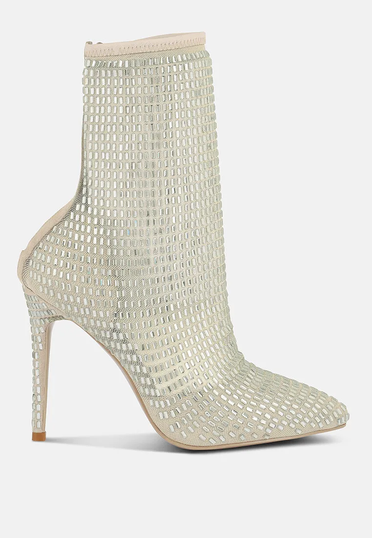 Rhinestones embellished mesh boots
