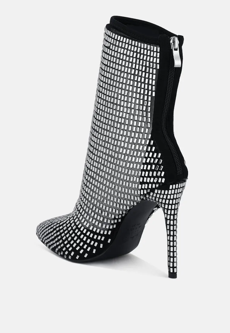 Rhinestones embellished mesh boots