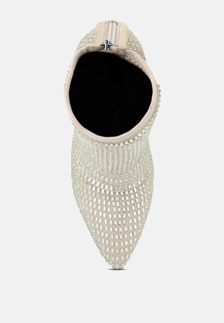Rhinestones embellished mesh boots