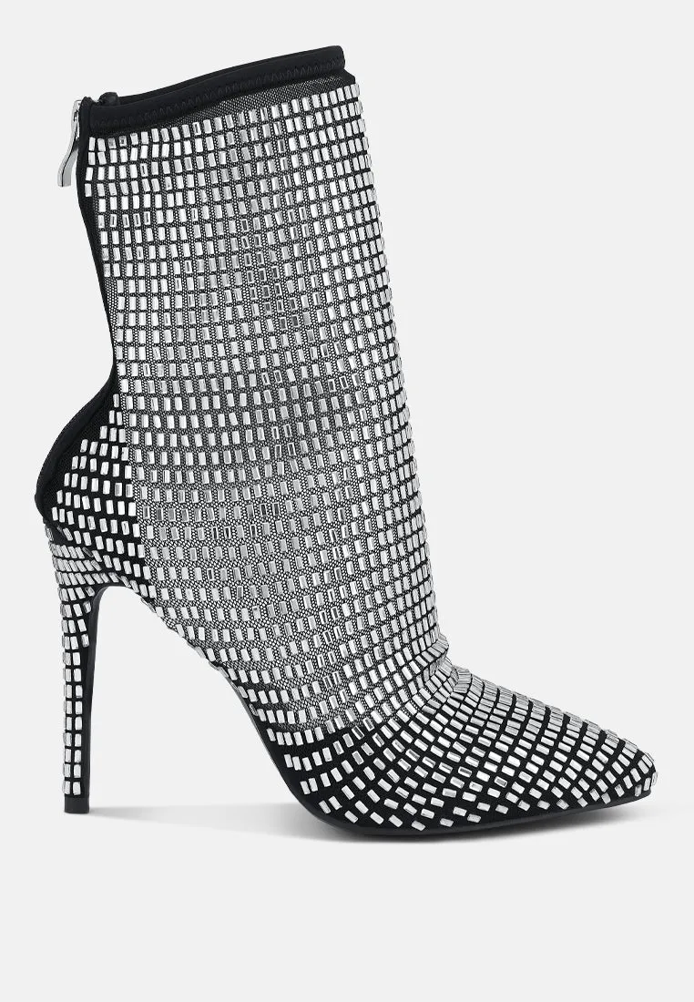 Rhinestones embellished mesh boots