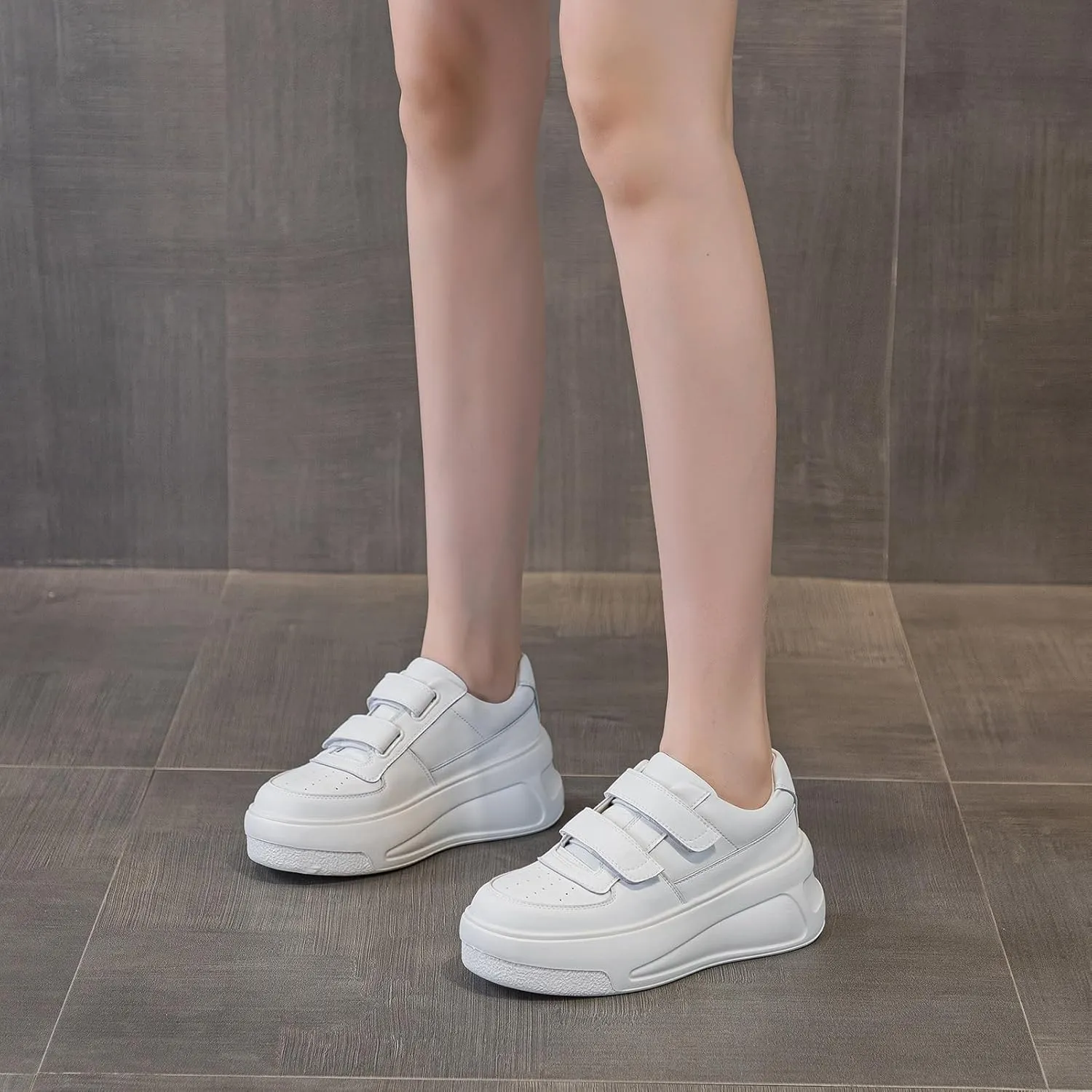rismart Women's Leather Platform Sneakers High Heeled Hook and Loop Casual Shoes